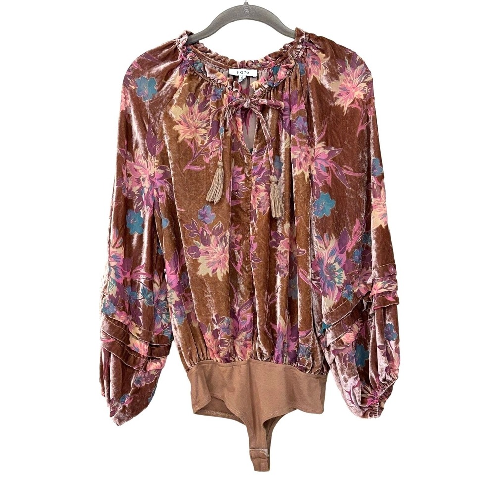 Fate Floral Velvet Bodysuit Brown Pink Small Whimsigoth Romantic Bohemian
